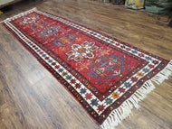 1930S ANTIQUE PERSIAN HERIZ KARAJEH RUNNER RUG 3X11, HAND-KNOTTED RED GEOMETRIC MEDALLIONS