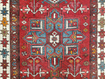 1930S ANTIQUE PERSIAN HERIZ KARAJEH RUNNER RUG 3X11, HAND-KNOTTED RED GEOMETRIC MEDALLIONS