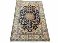 1950S PERSIAN ISFAHAN RUG 4X5 - DARK BLUE, LIGHT BLUE, BEIGE/IVORY - WOOL