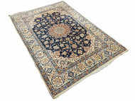 1950S PERSIAN ISFAHAN RUG 4X5 - DARK BLUE, LIGHT BLUE, BEIGE/IVORY - WOOL
