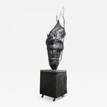 METAL HORSE HEAD SCULPTURE, HANDFORGED, CHARRED OAK BASE, 2017