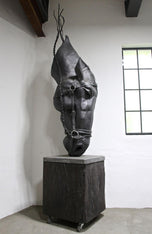METAL HORSE HEAD SCULPTURE, HANDFORGED, CHARRED OAK BASE, 2017