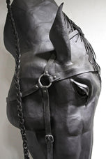 METAL HORSE HEAD SCULPTURE, HANDFORGED, CHARRED OAK BASE, 2017