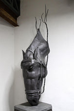 METAL HORSE HEAD SCULPTURE, HANDFORGED, CHARRED OAK BASE, 2017