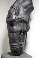 METAL HORSE HEAD SCULPTURE, HANDFORGED, CHARRED OAK BASE, 2017