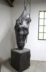 METAL HORSE HEAD SCULPTURE, HANDFORGED, CHARRED OAK BASE, 2017