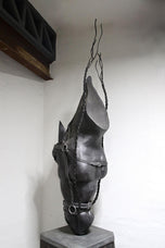 METAL HORSE HEAD SCULPTURE, HANDFORGED, CHARRED OAK BASE, 2017