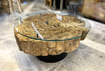 MODERN, ORGANIC, DRIFTWOOD SOFA, COFFEE TABLE, GLASS