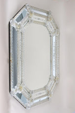 OCTAGONAL, MURANO GLASS MIRROR, ENGRAVINGS, GLASS FLOWERS, SIGNED, IT, 1970S