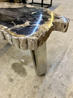 CONTEMPORARY, PETRIFIED WOOD, COFFEE TABLE, STAINLESS STEEL, 2023