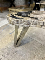 CONTEMPORARY, PETRIFIED WOOD, COFFEE TABLE, STAINLESS STEEL, 2023