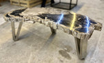 CONTEMPORARY, PETRIFIED WOOD, COFFEE TABLE, STAINLESS STEEL, 2023