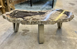 CONTEMPORARY, PETRIFIED WOOD, COFFEE TABLE, STAINLESS STEEL, 2023