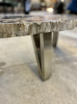 CONTEMPORARY, PETRIFIED WOOD, COFFEE TABLE, STAINLESS STEEL, 2023