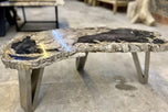 CONTEMPORARY, PETRIFIED WOOD, COFFEE TABLE, STAINLESS STEEL, 2023