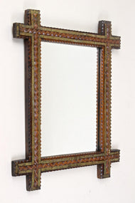 19TH CENTURY, AUSTRIA, TRAMP ART, RUSTIC WALL MIRROR, TRICOLORED, CIRCA 1870