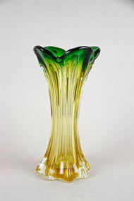 MID-CENTURY, ITALY, MURANO GLASS VASE, GREEN, YELLOW, CIRCA 1960