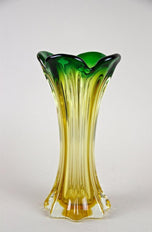 MID-CENTURY, ITALY, MURANO GLASS VASE, GREEN, YELLOW, CIRCA 1960