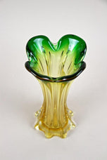 MID-CENTURY, ITALY, MURANO GLASS VASE, GREEN, YELLOW, CIRCA 1960