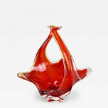 RED, AMBER, COLORED, MURANO GLASS, BASKET, BOWL, HANDLES, ITALY, 1960