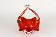 RED, AMBER, COLORED, MURANO GLASS, BASKET, BOWL, HANDLES, ITALY, 1960