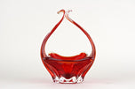 RED, AMBER, COLORED, MURANO GLASS, BASKET, BOWL, HANDLES, ITALY, 1960