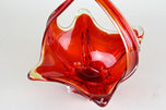 RED, AMBER, COLORED, MURANO GLASS, BASKET, BOWL, HANDLES, ITALY, 1960