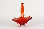 RED, AMBER, COLORED, MURANO GLASS, BASKET, BOWL, HANDLES, ITALY, 1960