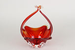 RED, AMBER, COLORED, MURANO GLASS, BASKET, BOWL, HANDLES, ITALY, 1960