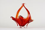 RED, AMBER, COLORED, MURANO GLASS, BASKET, BOWL, HANDLES, ITALY, 1960
