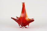 RED, AMBER, COLORED, MURANO GLASS, BASKET, BOWL, HANDLES, ITALY, 1960
