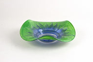 GREEN, BLUE, MURANO GLASS BOWL, HANDPAINTED, ITALY, CIRCA 1970