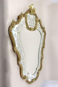 MID CENTURY, ITALY, MURANO GLASS WALL MIRROR, GILT GLASS FLOWERS, 1950