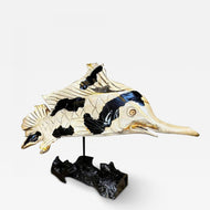 FISH SCULPTURE, TEAK ROOT, BLACK LACQUERED BASE, INDONESIA, 2023