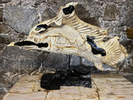 FISH SCULPTURE, TEAK ROOT, BLACK LACQUERED BASE, INDONESIA, 2023