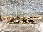 TEAK WOOD ROOT CONSOLE, LOWBOARD WITH SAFETY GLASS TOP, ORGANIC MODERN, 2021