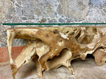 TEAK WOOD ROOT CONSOLE, LOWBOARD WITH SAFETY GLASS TOP, ORGANIC MODERN, 2021
