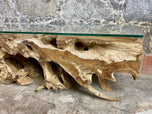 TEAK WOOD ROOT CONSOLE, LOWBOARD WITH SAFETY GLASS TOP, ORGANIC MODERN, 2021