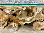 TEAK WOOD ROOT CONSOLE, LOWBOARD WITH SAFETY GLASS TOP, ORGANIC MODERN, 2021