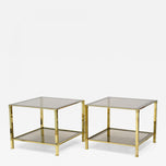 PAIR OF HOLLYWOOD REGENCY, ITALY, BRASS SIDE TABLES, SMOKED GLASS, 1970
