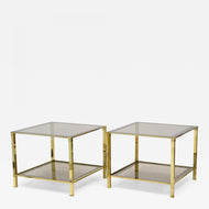 PAIR OF HOLLYWOOD REGENCY, ITALY, BRASS SIDE TABLES, SMOKED GLASS, 1970