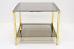 PAIR OF HOLLYWOOD REGENCY, ITALY, BRASS SIDE TABLES, SMOKED GLASS, 1970