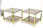 PAIR OF HOLLYWOOD REGENCY, ITALY, BRASS SIDE TABLES, SMOKED GLASS, 1970