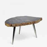 PETRIFIED WOOD SIDE TABLE, STAINLESS STEEL FEET, ORGANIC MODERN, 2021