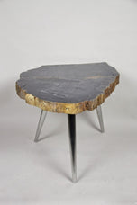 PETRIFIED WOOD SIDE TABLE, STAINLESS STEEL FEET, ORGANIC MODERN, 2021