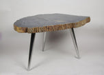 PETRIFIED WOOD SIDE TABLE, STAINLESS STEEL FEET, ORGANIC MODERN, 2021