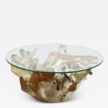 21ST CENTURY, INDONESIA, ROUND TEAK ROOT COFFEE TABLE, GLASS PLATE, ORGANIC MODERN, 2024