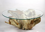 21ST CENTURY, INDONESIA, ROUND TEAK ROOT COFFEE TABLE, GLASS PLATE, ORGANIC MODERN, 2024