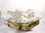 21ST CENTURY, INDONESIA, ROUND TEAK ROOT COFFEE TABLE, GLASS PLATE, ORGANIC MODERN, 2024