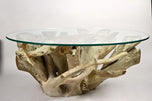 21ST CENTURY, INDONESIA, ROUND TEAK ROOT COFFEE TABLE, GLASS PLATE, ORGANIC MODERN, 2024